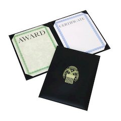 7510017145934, SKILCRAFT Awards Certificate Padded Cover Binder, DLA Seal, 9.12 x 11.62, Black/Gold