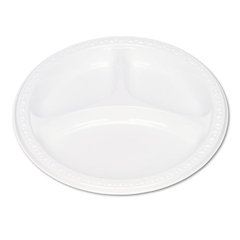 Plastic Dinnerware, 3-Compartment Plates, 9" dia, White, 125/Pack
