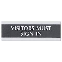 Century Series Office Sign, VISITORS MUST SIGN IN, 9 x 3, Black/Silver