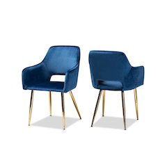 Polyester Upholstered Metal Dining Chairs, Navy Blue/Gold, Set of 2