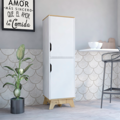 Single Kitchen Pantry Wallas, Four Shelves, Two Doors, Light Oak / White Finish