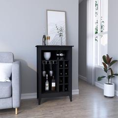 Bar Cabinet Castle, One Open Shelf, Six Wine Cubbies, Black Wengue Finish