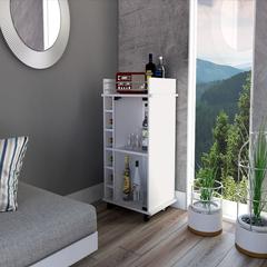 Bar Cart Baltimore, Six Wine Cubbies, Glass Door, Four Caster, White Finish