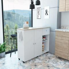 Kitchen Island Cart Indiana, Four Interior Shelves, White / Light Oak Finish