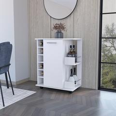 Bar Cart with Six-Wine Cubbies Cabot, Two-Side Storage Shelves, White Finish