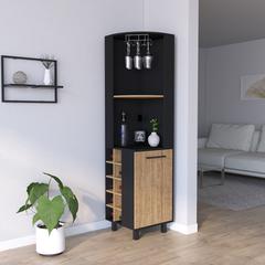 Corner Bar Cabinet Cleveland, Ten Wine Cubbies, Black Wengue / Pine Finish