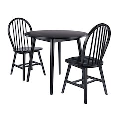 Moreno 3-Pc Drop Leaf Dining Table with Windsor Chairs, Black