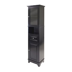 Black Tall Bathroom Storage Cabinet with Glass Door & Drawer