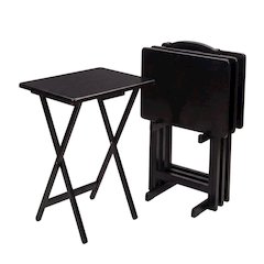 Solid Wood TV Trays Set Of 4 With Storage Rack in Black Finish