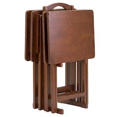 Solid Wood TV Trays Set Of 4 With Storage Rack in Walnut Finish