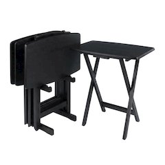 5-PC Folding TV Tray Table Set, Black Tables, Solid Wood Storage Rack