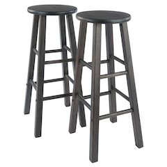 2-PC Bar Stool Set, Solid Wood, Round Seat, Squared Legs, 29 Inch Height