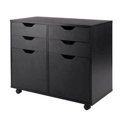 2 Section Mobile Cabinet, Black, 4 Drawers, Two Compartments, Casters