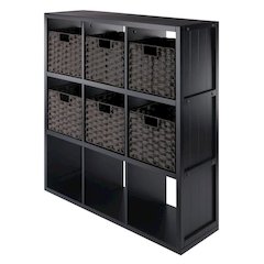 7-Pc 3x3 Storage Shelf with 6 Foldable Woven Baskets, Black and Chocolate