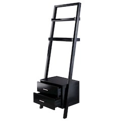 Black Leaning Shelf, Ladder Design, Storage Rack, Two Drawers