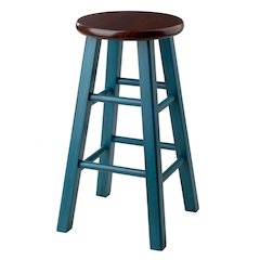 24" Rustic Teal Counter Stool, Round Solid Wood Seat, Fully Assembled