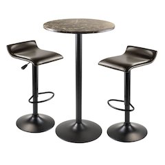 3pc Pub Set, Round Faux Marble Top, 2 Swivel Stools, Metal Base