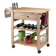 Solid Wood Mobile Utility Cart, Kitchen Storage Wine Rack, Brown