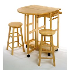 3-Pc Solid Wood Space Saver Dining Set with Drop Leaf Table, Brown