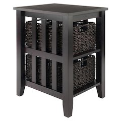 Wood Side Table with Foldable Baskets, Storage Shelf, Espresso