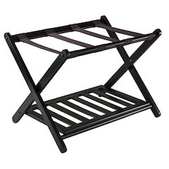 Foldable Luggage Rack with Shelf, Brown Nylon Straps, Slim Fold