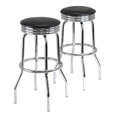 2-Piece Swivel Bar Stool Set, Black Faux Leather Seat, Metal Base