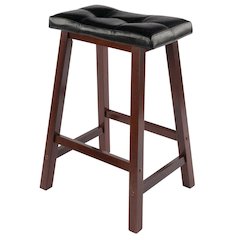 Black Faux Leather Saddle Seat Bar Stool, 24 Inch Counter Height Kitchen Stool