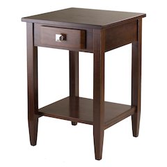 End Table with Drawer, Tapered Legs, Lower Shelf, Walnut