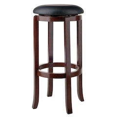 Bar Stool, Brown Solid Wood, Swivel Cushioned PVC Seat, 30 Inch Height