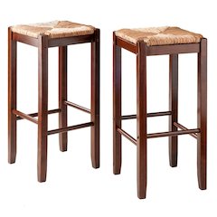 2-Piece Bar Stool Set, Rush Woven Seat, 29 Inch Height, Solid Wood, Brown