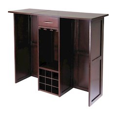 Wine Bar Cabinet, Walnut Finish, Nine Bottle Storage, Glasses Rack, Solid Wood
