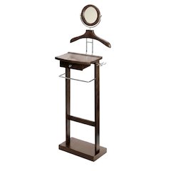 Dark Espresso Solid Wood Clothes Valet Stand with Mirror, Drawer, and Tray