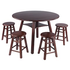 Marbelle Table 5-Pc Drop Leaf Dining Table, 4 Element 18” Dining Stools, Walnut