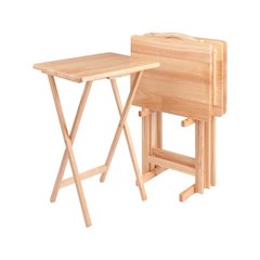 5-PC Folding Tray Table Set, Natural Solid Wood, Portable Rack