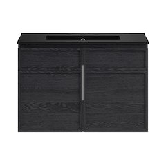 30" Wall-Mounted Bathroom Vanity in Black Oak with Black Widespread Sink Top