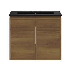 24" Wall-Mounted Bathroom Vanity in Brown Oak with Black Widespread Sink Top