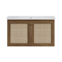 36" Wall-Mounted Bathroom Vanity in Brown Oak with Single Faucet Hole Vanity Top