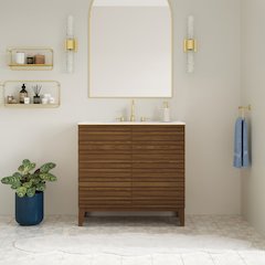 30" Freestanding Bathroom Vanity in Brown Oak with 3-Hole Widespread Sink Top