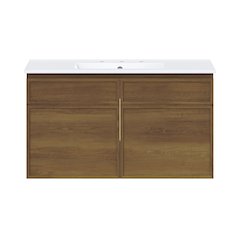 36" Wall-Mounted Bathroom Vanity in Brown Oak with 3-Hole Widespread Sink Top