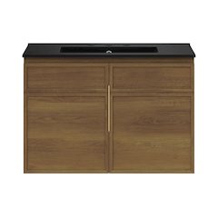 30" Wall-Mounted Bathroom Vanity in Brown Oak with Black Widespread Sink Top