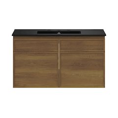 36" Wall-Mounted Bathroom Vanity in Brown Oak with Black Widespread Sink Top
