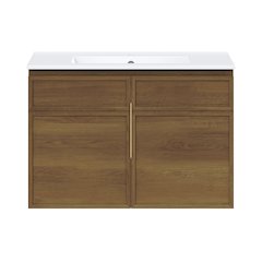 30" Wall-Mounted Bathroom Vanity in Brown Oak with 3-Hole Widespread Sink Top