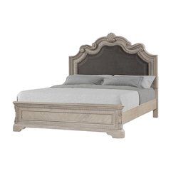 Grey Queen Bed Frame with Headboard and Vintage Carved Wood Details