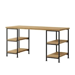 Golden Brown Wood Desk with Shelfs – Natural Oak Writing Table Design