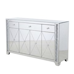 Silver mirrored credenza with crystal accents and sleek design