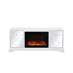60 in. mirrored TV stand with wood fireplace insert in white