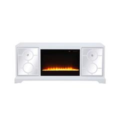 60 in. mirrored TV stand with crystal fireplace insert in white