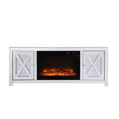 59 in. crystal mirrored TV stand with wood log insert fireplace