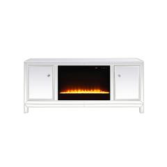 60 in. mirrored TV stand with crystal fireplace insert in white