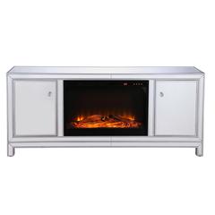 60 in. mirrored TV stand with wood fireplace insert in antique silver
